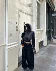 WARDEN EDGE Washed Black Corduroy Wide-Leg Pants with Curved Silhouette & Faded Whisker Detail