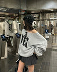 WARDEN EDGE YES Graphic Lace-Up Off-Shoulder Sweatshirt