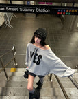 WARDEN EDGE YES Graphic Lace-Up Off-Shoulder Sweatshirt