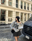 WARDEN EDGE YES Graphic Lace-Up Off-Shoulder Sweatshirt