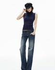 IAMXIAA Retro Slim-Fit Turtleneck Sleeveless Wool Knit Top with Ribbed Hem