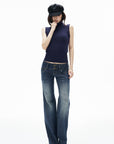 IAMXIAA Retro Slim-Fit Turtleneck Sleeveless Wool Knit Top with Ribbed Hem