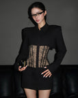 ROVENTE Structured Shoulder Lace Corset Mini Dress with Pointed Collar & Flap Pockets