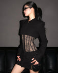 ROVENTE Structured Shoulder Lace Corset Mini Dress with Pointed Collar & Flap Pockets