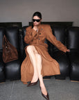 ROVENTE Suede-Look Double-Breasted Belted Longline Trench Coat