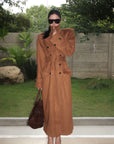 ROVENTE Suede-Look Double-Breasted Belted Longline Trench Coat