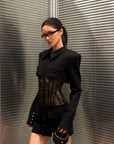 ROVENTE Structured Shoulder Lace Corset Mini Dress with Pointed Collar & Flap Pockets