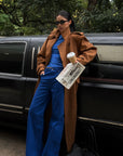 ROVENTE Suede-Look Double-Breasted Belted Longline Trench Coat