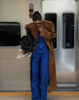 ROVENTE Suede-Look Double-Breasted Belted Longline Trench Coat