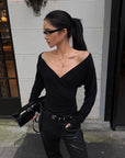 ROVENTE Plunging V-Neck Wrap-Effect Top with Ruched Waist & Long Sleeves