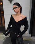 ROVENTE Plunging V-Neck Wrap-Effect Top with Ruched Waist & Long Sleeves