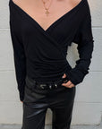 ROVENTE Plunging V-Neck Wrap-Effect Top with Ruched Waist & Long Sleeves