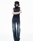 IAMXIAA Retro Slim-Fit Turtleneck Sleeveless Wool Knit Top with Ribbed Hem