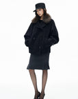 IAMXIAA Vintage-Inspired Charcoal Grey Tailored Knee-Length Pencil Skirt with Side Slit