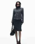 IAMXIAA Vintage-Inspired Charcoal Grey Tailored Knee-Length Pencil Skirt with Side Slit