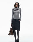 IAMXIAA Vintage-Inspired Charcoal Grey Tailored Knee-Length Pencil Skirt with Side Slit