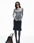 IAMXIAA Vintage-Inspired Charcoal Grey Tailored Knee-Length Pencil Skirt with Side Slit