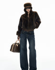 IAMXIAA Chocolate Brown Fur-Effect Cropped Bomber Jacket