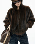 IAMXIAA Chocolate Brown Fur-Effect Cropped Bomber Jacket