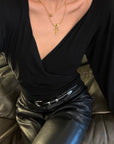 ROVENTE Plunging V-Neck Wrap-Effect Top with Ruched Waist & Long Sleeves