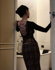 Hydrae Lace-Up Open-Back Top & Asymmetric Plaid Skirt Set