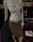 Hydrae Jupe crayon midi taille haute en similicuir avec passants de ceinture et ourlet satiné contrastant
