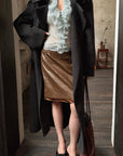 Hydrae Jupe crayon midi taille haute en similicuir avec passants de ceinture et ourlet satiné contrastant