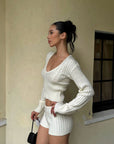 ROVENTE Plunging V-Neck Cable-Knit Sweater & Mini Shorts Set with Ribbed Waist