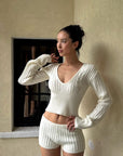 ROVENTE Plunging V-Neck Cable-Knit Sweater & Mini Shorts Set with Ribbed Waist