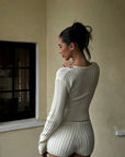 ROVENTE Plunging V-Neck Cable-Knit Sweater & Mini Shorts Set with Ribbed Waist