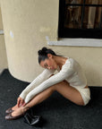 ROVENTE Plunging V-Neck Cable-Knit Sweater & Mini Shorts Set with Ribbed Waist