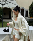 ROVENTE Plunging V-Neck Cable-Knit Sweater & Mini Shorts Set with Ribbed Waist