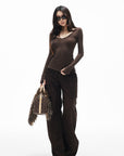 IAMXIAA Slim-Fit V-Neck Knit Top with Thumbhole Sleeves