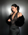 ROVENTE Oversized Sculptural Shoulder Faux Fur Cropped Jacket with Voluminous Sleeves