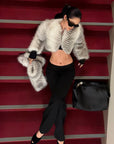 ROVENTE Plush Striped Cropped Bolero Jacket with Curved Front & Long Sleeves