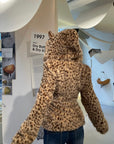 Rase le sol Leopard Plush Zip-Up Jacket with Sculpted Waist & Ear-Detail Hood