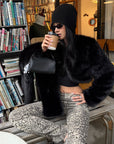 ROVENTE Oversized Sculptural Shoulder Faux Fur Cropped Jacket with Voluminous Sleeves