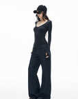 IAMXIAA Slim-Fit V-Neck Knit Top with Thumbhole Sleeves