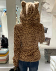 Rase le sol Leopard Plush Zip-Up Jacket with Sculpted Waist & Ear-Detail Hood