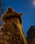 Rase le sol Leopard Plush Zip-Up Jacket with Sculpted Waist & Ear-Detail Hood