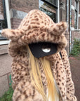 Rase le sol Leopard Plush Zip-Up Jacket with Sculpted Waist & Ear-Detail Hood
