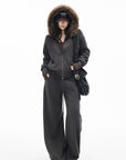 IAMXIAA Faux Fur Hooded Zip-Up Hoodie and Wide-Leg Sweatpants Set