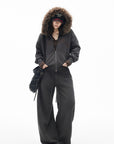 IAMXIAA Faux Fur Hooded Zip-Up Hoodie and Wide-Leg Sweatpants Set