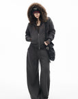 IAMXIAA Faux Fur Hooded Zip-Up Hoodie and Wide-Leg Sweatpants Set
