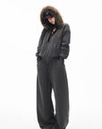 IAMXIAA Faux Fur Hooded Zip-Up Hoodie and Wide-Leg Sweatpants Set