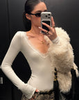 ROVENTE Lace-Trim Deep V-Neck Long-Sleeve Top with Slim Fit & Fine Ribbed Texture