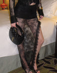 0122stepll Sheer Ruffle Lace Top & Draped Lace Skirt Set