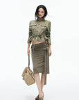 IAMXIAA Utility Peplum Jacket & Draped Midi Skirt Two-Piece Set