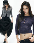 IAMXIAA Sheer Argyle Fuzzy Knit Cardigan
