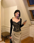Hydrae Lace Contrast Ruched Bust Long Sleeve Top With Sheer Floral Texture